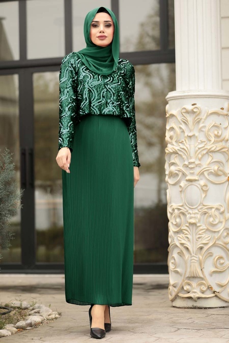 Tesettürlü Abiye Elbise - Pliseli Yeşil Tesettür Abiye Elbise 3743Y