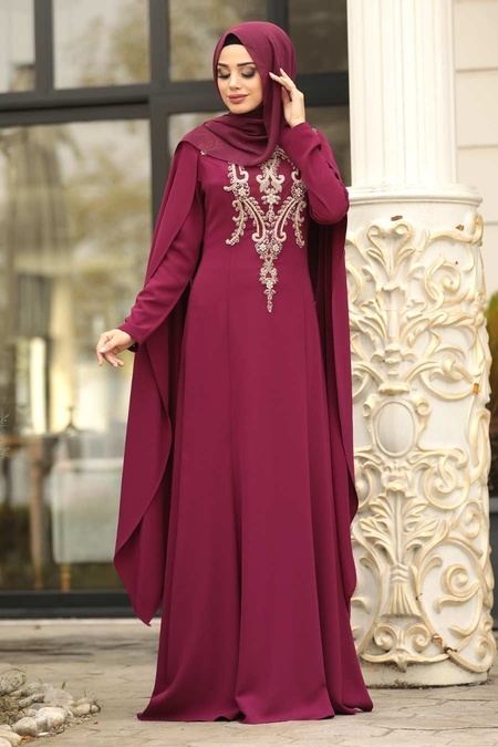 Tesettürlü Abiye Elbise - Plum Color Hijab Evening Dress 20180MU