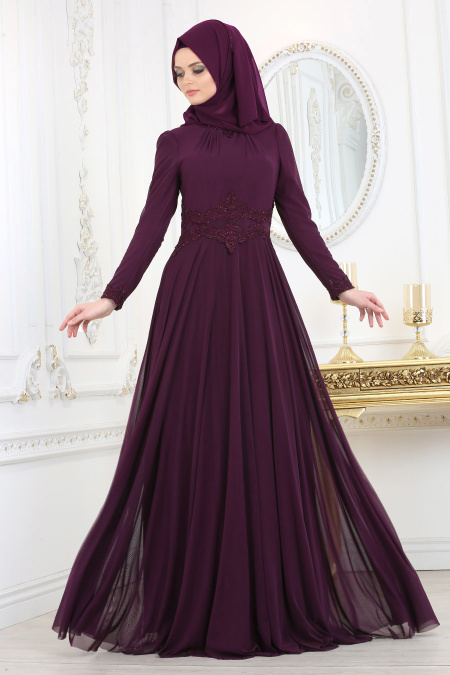 Tesettürlü Abiye Elbise - Plum Color Hijab Evening Dress 20210MU