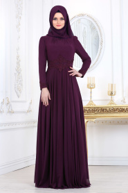 Tesettürlü Abiye Elbise - Plum Color Hijab Evening Dress 20210MU - Thumbnail
