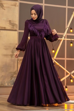 Tesettürlü Abiye Elbise - Plum Hijab Evening Dress 21731MU - 1