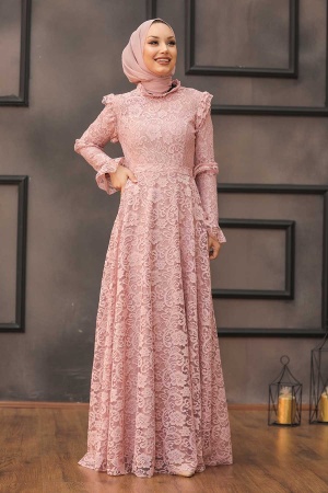 Tesettürlü Abiye Elbise - Poudre Islamique Habillement Robe De Soirée 54750PD - 1