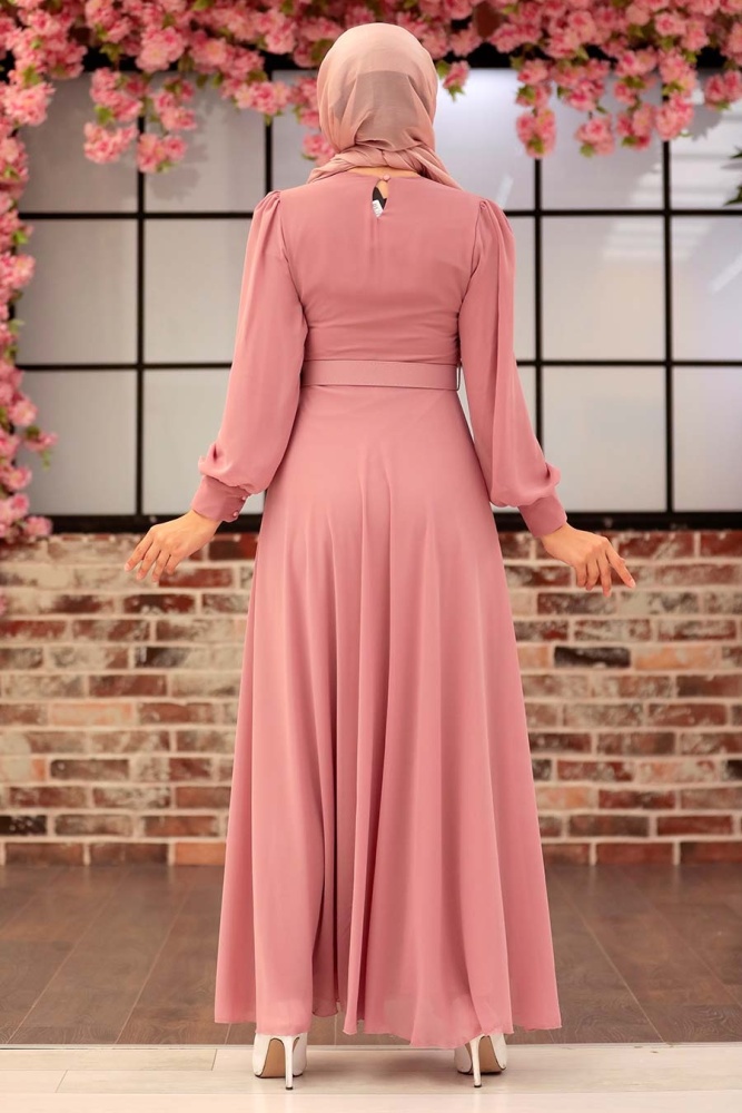 Tesettürlü Abiye Elbise -Poudre Islamique Vêtements Robe De Soirée 3060PD - 3