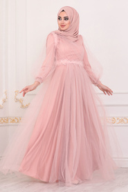 Tesettürlü Abiye Elbise - Powder Pink Hijab Evening Dress 4079PD - Thumbnail