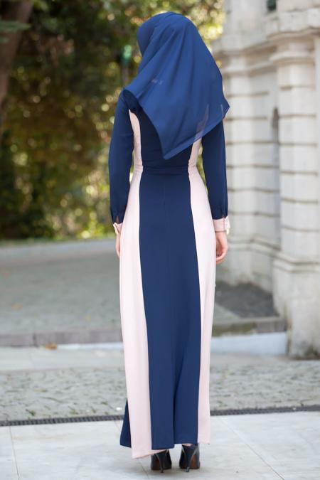 Tesettürlü Abiye Elbise - Pudra / Lacivert Elbise - 3