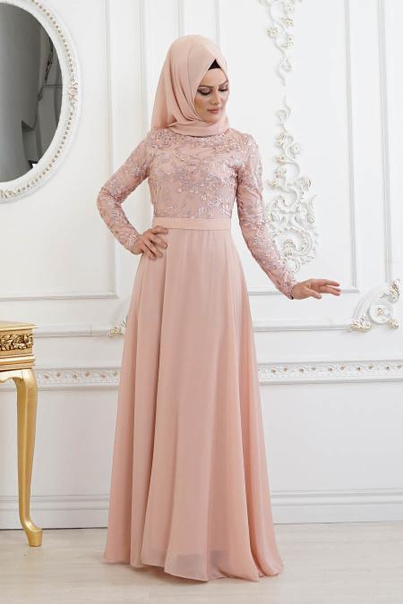 Tesettürlü Abiye Elbise - Pudra Tesettür Abiye Elbise 82221PD - 2