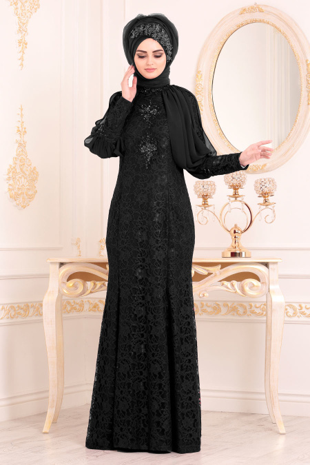 Tesettürlü Abiye Elbise - Pul Detaylı Dantelli Siyah Tesettürlü Abiye Elbise 31281S
