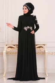 Tesettürlü Abiye Elbise - Pul Detaylı Detaylı Siyah Tesettür Abiye Elbise 3937S - Thumbnail
