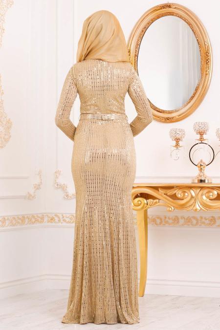 Tesettürlü Abiye Elbise - Pul Detaylı Gold Tesettürlü Abiye Elbise 3277GOLD - 2