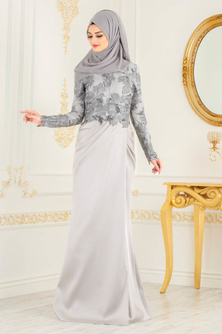 Tesettürlü Abiye Elbise - Pul Detaylı Gri Tesettür Abiye Elbise 4602GR