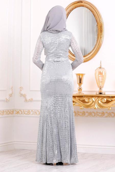 Tesettürlü Abiye Elbise Pul Detaylı Gri Tesettürlü Abiye Elbise 3277GR - 2