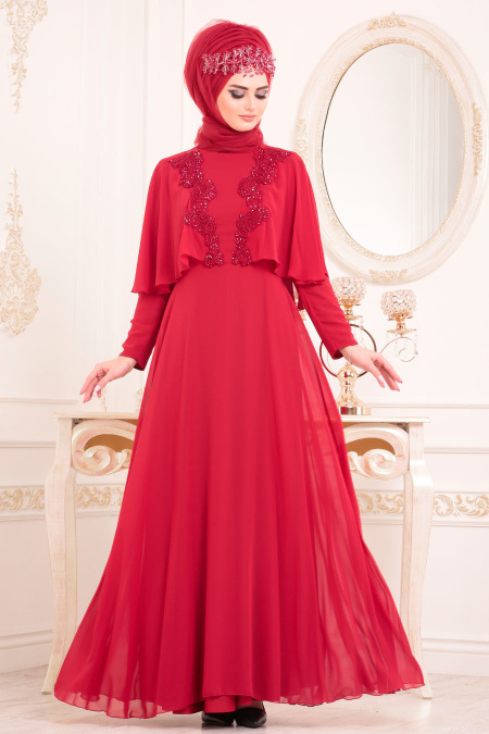 Tesettürlü Abiye Elbise - Pul Detaylı Kırmızı Tesettür Abiye Elbise 3762K