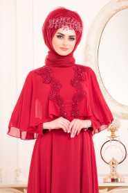 Tesettürlü Abiye Elbise - Pul Detaylı Kırmızı Tesettür Abiye Elbise 3762K - Thumbnail