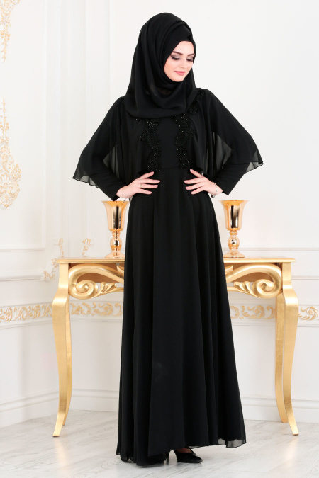 Tesettürlü Abiye Elbise - Pul Detaylı Siyah Tesettür Abiye Elbise 3762S