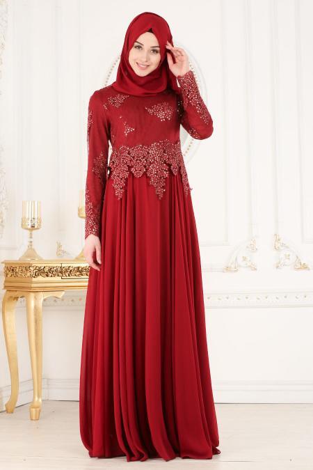 Tesettürlü Abiye Elbise - Pul İşlemeli Bordo Tesettür Abiye Elbise 7601BR - 3