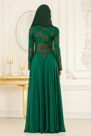 Tesettürlü Abiye Elbise - Pul İşlemeli Yeşil Tesettür Abiye Elbise 7601Y - Thumbnail
