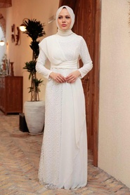 Tesettürlü Abiye Elbise - Pul Payet Beyaz Tesettür Abiye Elbise 56180B - Thumbnail
