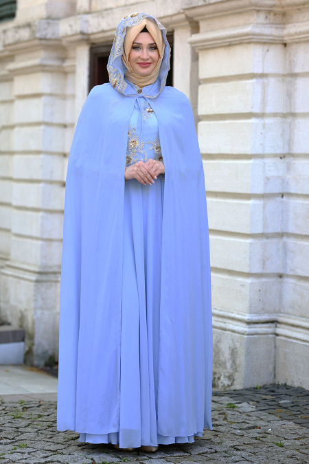 Tesettürlü Abiye Elbise - Pul Payet Detaylı Bebek Mavisi Tesettür Abiye Elbise 7647BM