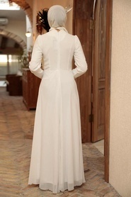 Tesettürlü Abiye Elbise - Pul Payet Detaylı Beyaz Tesettür Abiye Elbise 56280B - Thumbnail