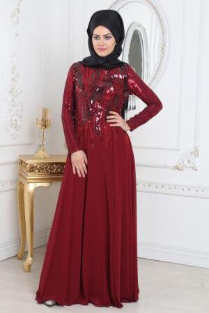 Tesettürlü Abiye Elbise - Pul Payet Detaylı Bordo Tesettür Abiye Elbise 7962BR - 1