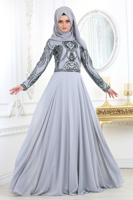 Tesettürlü Abiye Elbise - Pul Payet Detaylı Gri Tesettür Abiye Elbise 2284GR