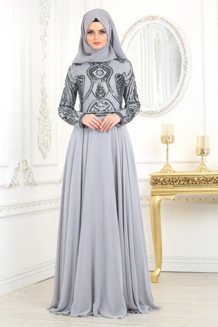 Tesettürlü Abiye Elbise - Pul Payet Detaylı Gri Tesettür Abiye Elbise 2284GR - 3