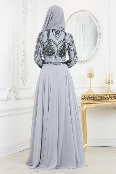 Tesettürlü Abiye Elbise - Pul Payet Detaylı Gri Tesettür Abiye Elbise 2284GR - 4