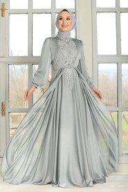 Tesettürlü Abiye Elbise -Pul Payet Detaylı Gri Tesettür Abiye Elbise 3315GR - Thumbnail