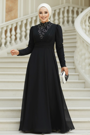 Tesettürlü Abiye Elbise - Pul Payet Detaylı Gümüş Tesettür Abiye Elbise 56280GMS - 1