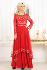 Tesettürlü Abiye Elbise - Pul Payet Detaylı Kırmızı Tesettür Abiye Elbise 6375K - Thumbnail