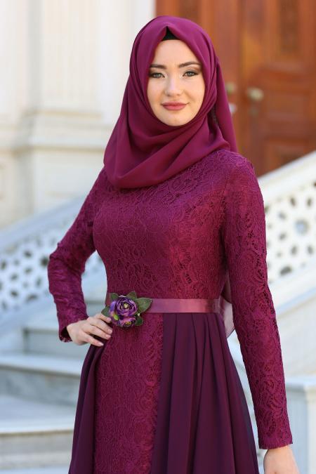 Tesettürlü Abiye Elbise - Beli Çiçek Detaylı Mürdüm Tesettür Abiye Elbise 7624MU - 2