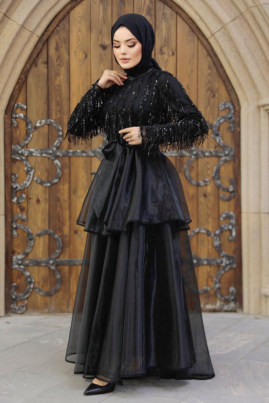 Tesettürlü Abiye Elbise - Pul Payet Detaylı Siyah Tesettür Abiye Elbise 6742S