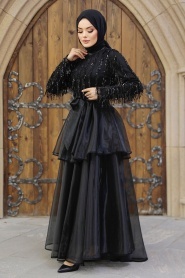 Tesettürlü Abiye Elbise - Pul Payet Detaylı Siyah Tesettür Abiye Elbise 6742S - Thumbnail