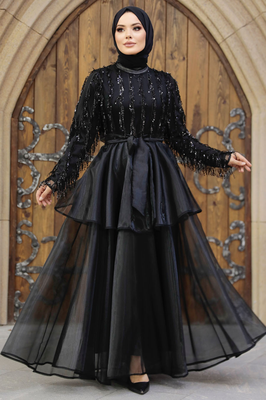 Tesettürlü Abiye Elbise - Pul Payet Detaylı Siyah Tesettür Abiye Elbise 6742S