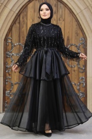 Tesettürlü Abiye Elbise - Pul Payet Detaylı Siyah Tesettür Abiye Elbise 6742S - Thumbnail