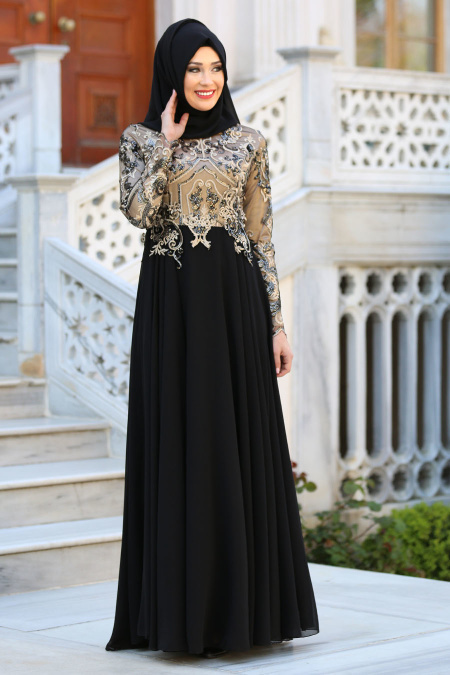Tesettürlü Abiye Elbise - Pul Payet Detaylı Siyah Tesettür Abiye Elbise 7644S