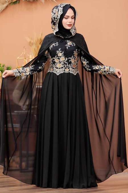 Tesettürlü Abiye Elbise - Pul Payet Detaylı Siyah Tesettür Abiye Elbise 7647S