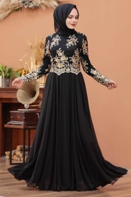 Tesettürlü Abiye Elbise - Pul Payet Detaylı Siyah Tesettür Abiye Elbise 7647S - Thumbnail