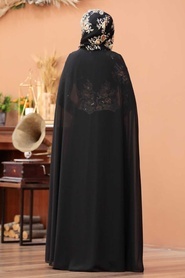 Tesettürlü Abiye Elbise - Pul Payet Detaylı Siyah Tesettür Abiye Elbise 7647S - Thumbnail