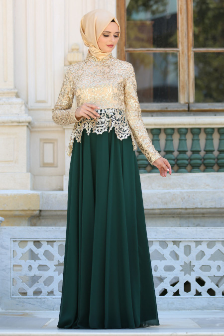 Tesettürlü Abiye Elbise - Pul Payet Detaylı Yeşil Tesettür Abiye Elbise 2162Y