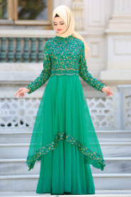 Tesettürlü Abiye Elbise - Pul Payet Detaylı Yeşil Tesettür Abiye Elbise 6375Y - Thumbnail