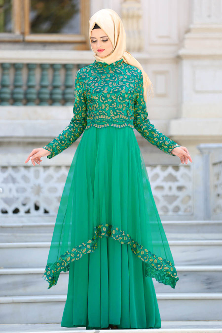 Tesettürlü Abiye Elbise - Pul Payet Detaylı Yeşil Tesettür Abiye Elbise 6375Y