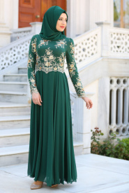 Tesettürlü Abiye Elbise - Pul Payet Detaylı Yeşil Tesettür Abiye Elbise 7647Y - Thumbnail