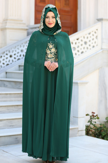 Tesettürlü Abiye Elbise - Pul Payet Detaylı Yeşil Tesettür Abiye Elbise 7647Y