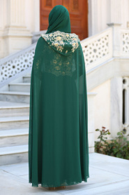 Tesettürlü Abiye Elbise - Pul Payet Detaylı Yeşil Tesettür Abiye Elbise 7647Y - Thumbnail