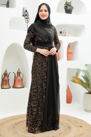 Tesettürlü Abiye Elbise - Pul Payet Gold Tesettür Abiye Elbise 56180GOLD - 1