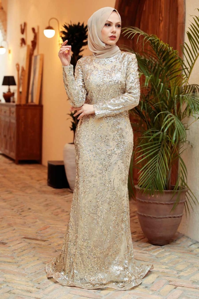 Tesettürlü Abiye Elbise - Pul Payet İşlemeli Gold Tesettür Abiye Elbise 951GOLD - 1