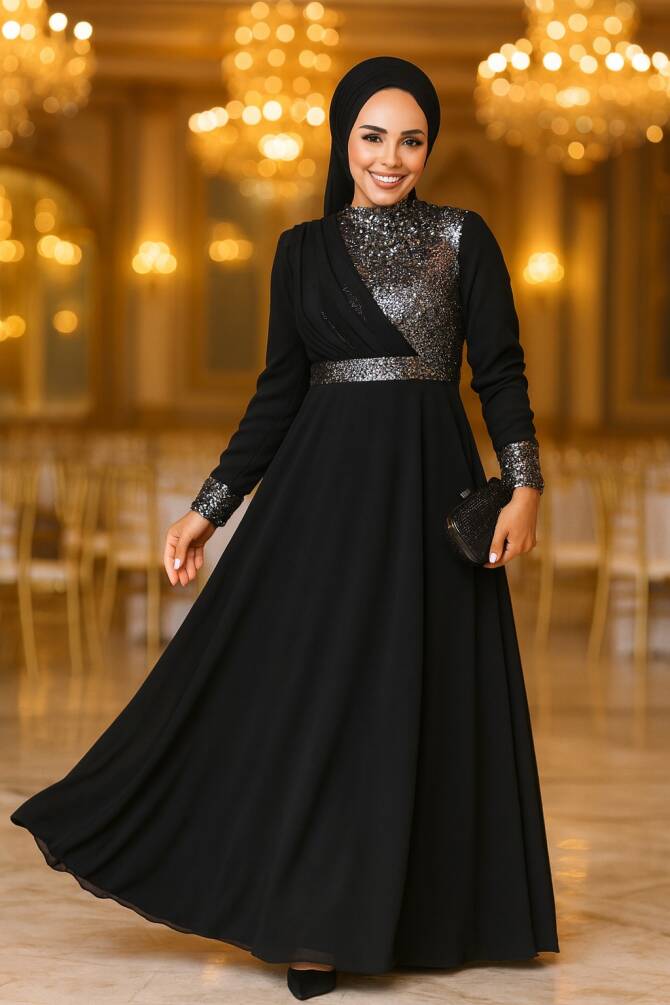 Tesettürlü Abiye Elbise - Pul Payet İşlemeli Gümüş Tesettür Abiye Elbise 5793GMS - 1