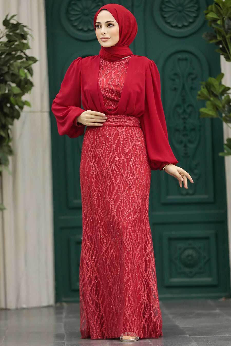 Tesettürlü Abiye Elbise - Pul Payet İşlemeli Kırmızı Tesettür Abiye Elbise 22213K
