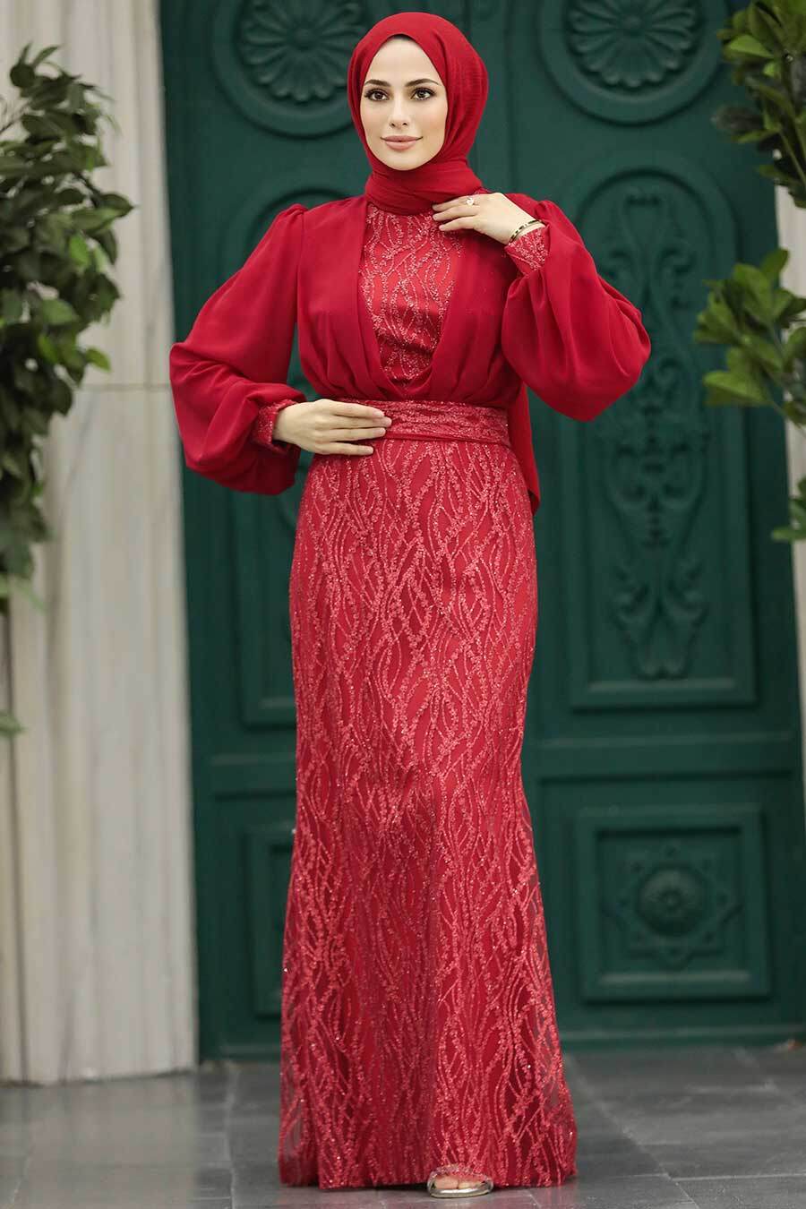 Tesettürlü Abiye Elbise - Pul Payet İşlemeli Kırmızı Tesettür Abiye Elbise 22213K